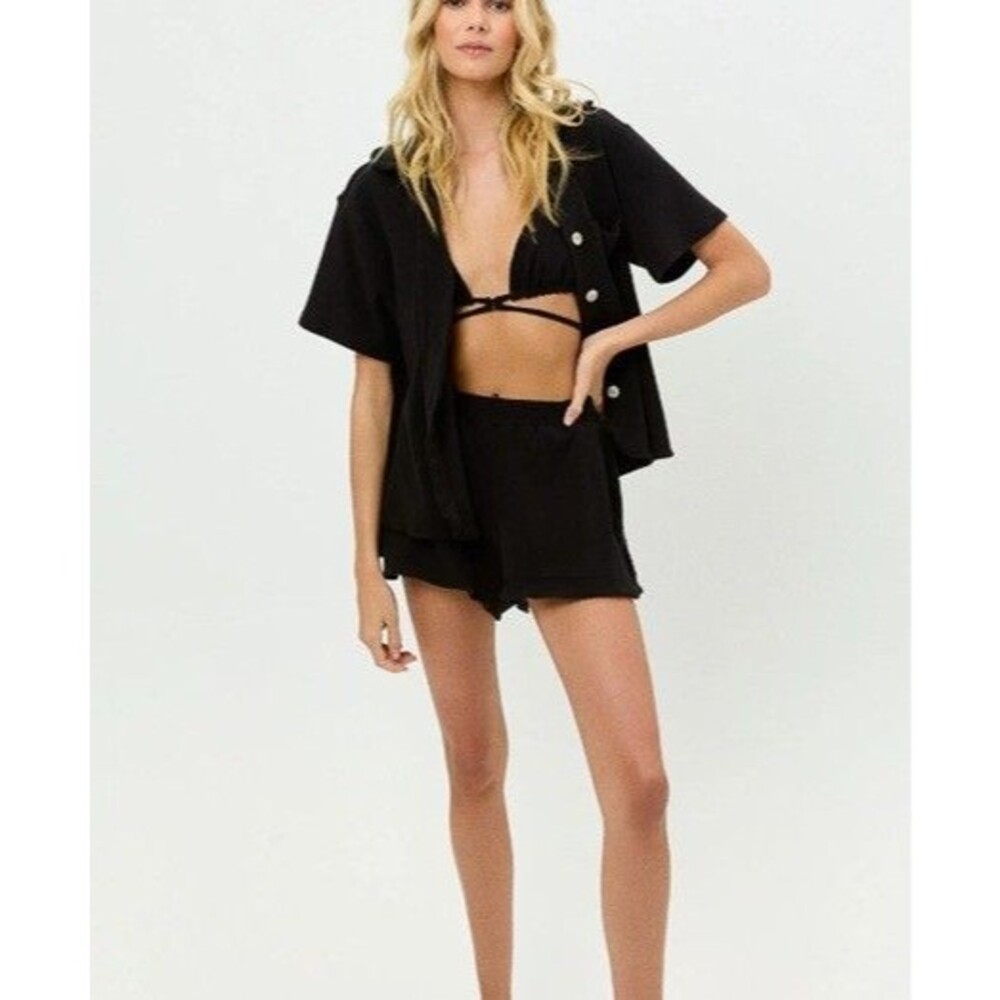 Frankie's Bikini's NWT Black Coco Terry Button Up Short Sleeve Top Small Resort